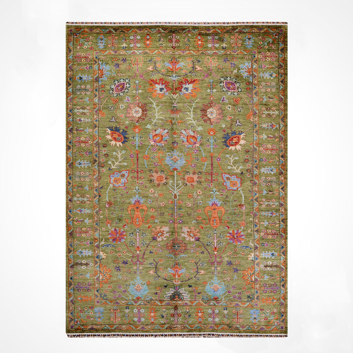 Sultani Çiçekli Orijinal El Dokuması Yeşil Kök Boya Yün Halı 207x304 6.29 Metrekare - 7x10 ft