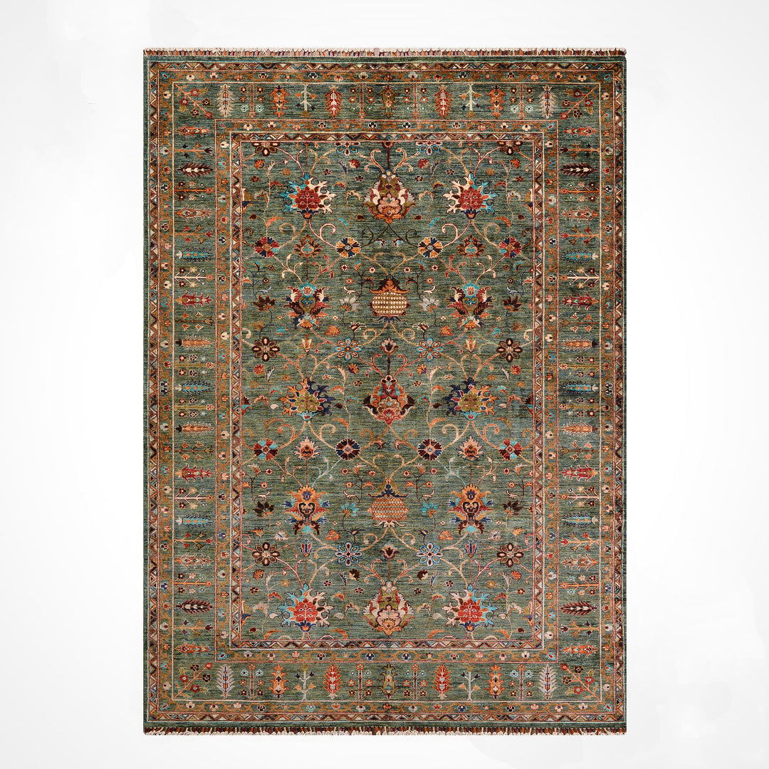 Sultani Binbirgece Orijinal El Dokuması Yeşil Kök Boya Yün Halı 209x305 6.37 Metrekare - 7x10 ft