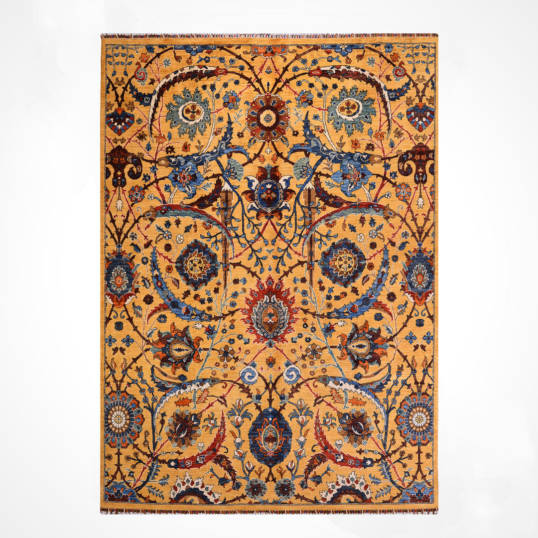 Sultani Binbirgece Orijinal El Dokuması Sarı Kök Boya Yün Halı 244x304 7.42 Metrekare - 7x10 ft