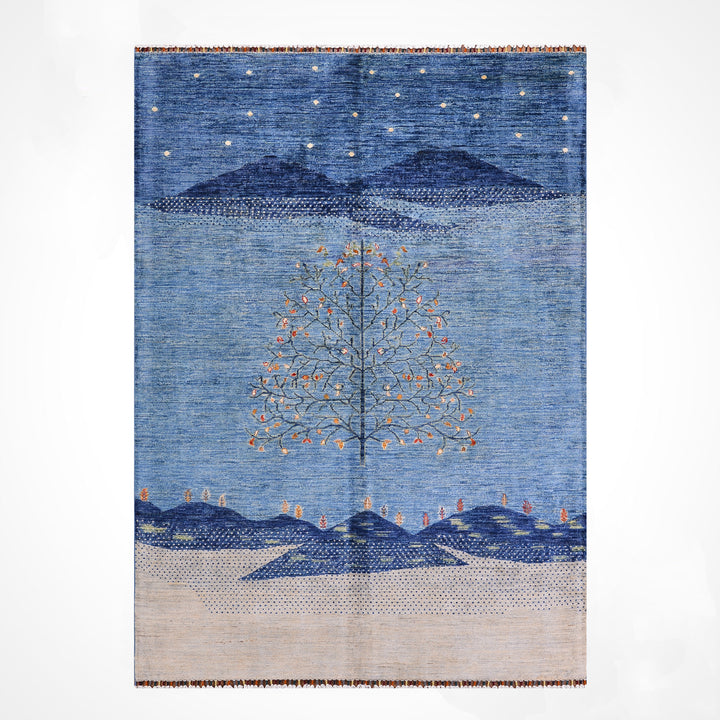 Hayat Ağacı Orijinal El Dokuması Mavi Kök Boya Yün Halı 173x239 4.13 Metrekare - 5x8 ft