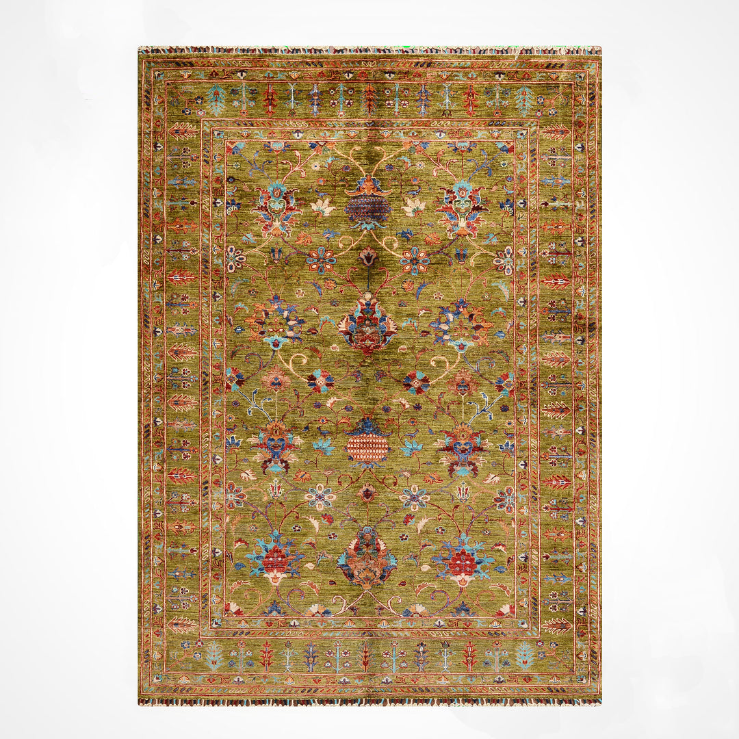 Sultani Binbirgece Orijinal El Dokuması Yeşil Kök Boya Yün Halı 170x246 4.18 Metrekare - 5x8 ft