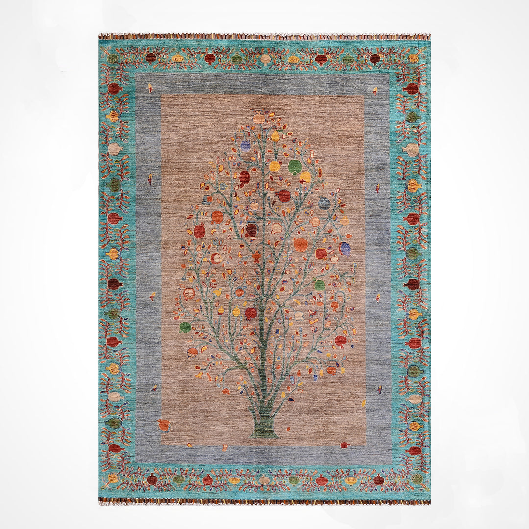 Nar Ağacı Orijinal El Dokuması Turkuaz Kök Boya Yün Halı 173x243 4.20 Metrekare - 5x8 ft