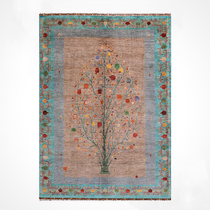 Nar Ağacı Orijinal El Dokuması Turkuaz Kök Boya Yün Halı 173x243 4.20 Metrekare - 5x8 ft