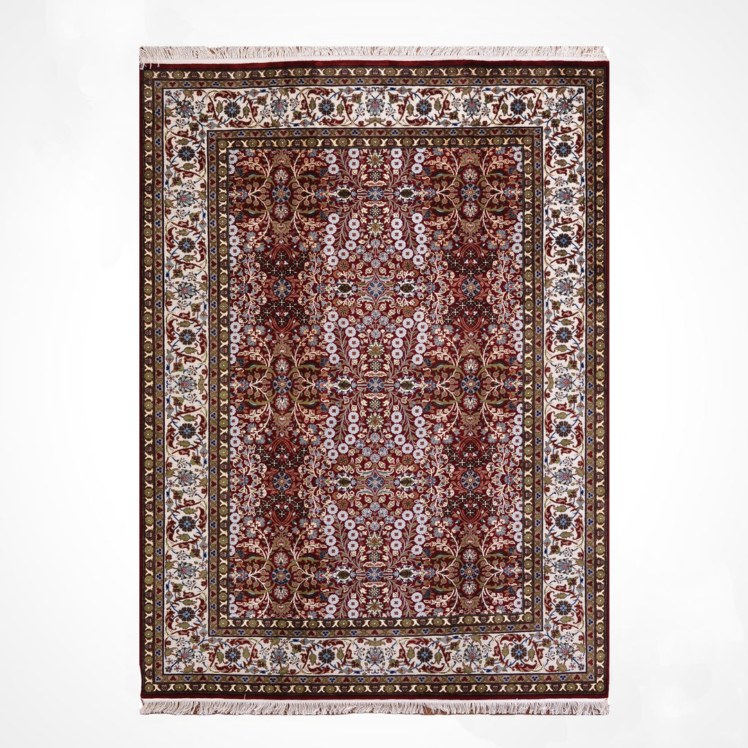 Hereke Yedi Dağın Çiçeği Orijinal El Dokuması Kırmızı Krem Yün Halı 176x243 4.28 Metrekare - 5x8 ft