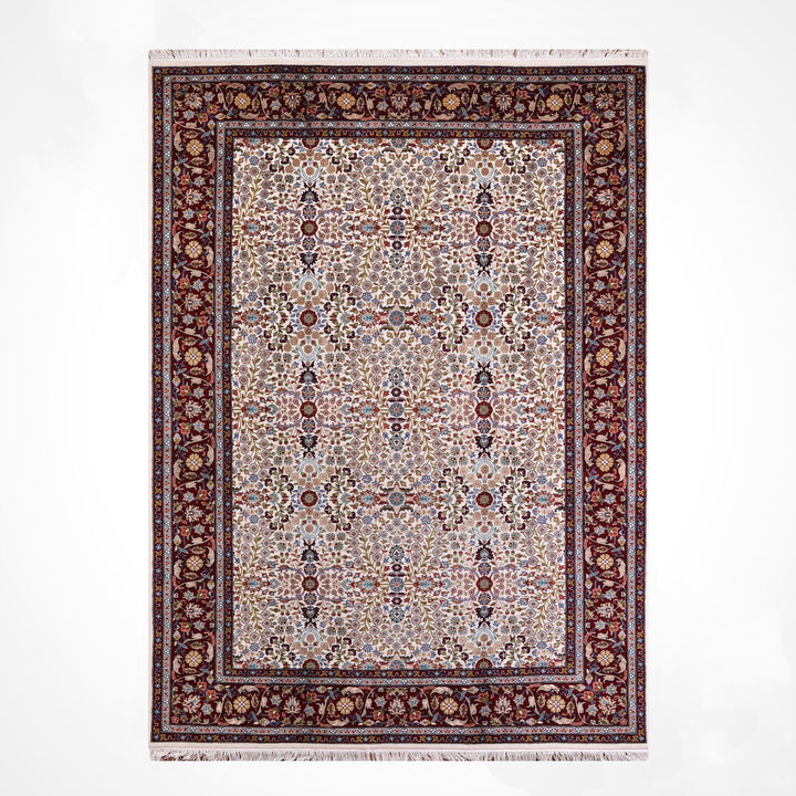 Hereke Yedi Dağın Çiçeği Orijinal El Dokuması Kırmızı Krem Yün Halı 198x288 5.70 Metrekare - 7x10 ft