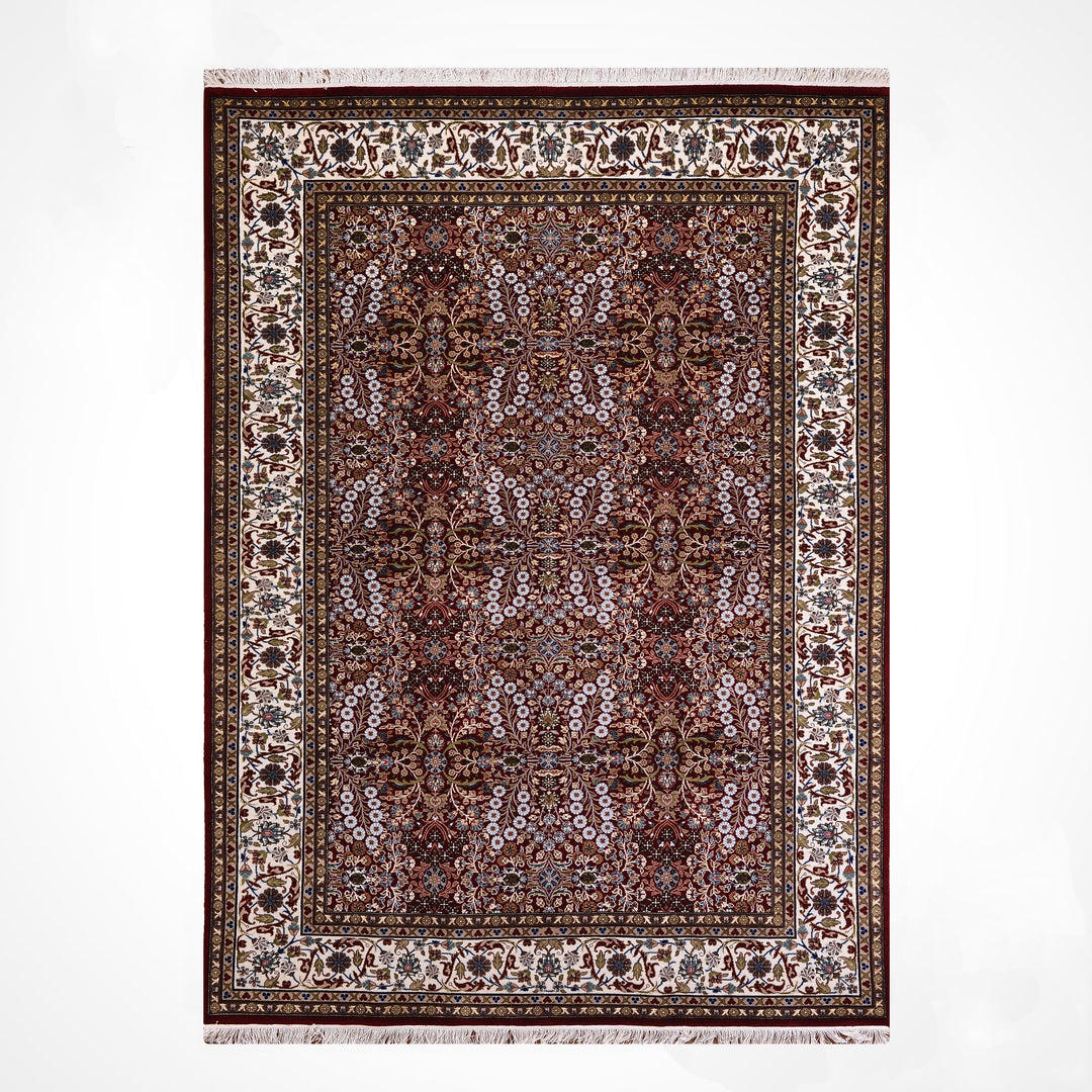 Hereke Yedi Dağın Çiçeği Orijinal El Dokuması Kırmızı Krem Yün Halı 191x286 5.46 Metrekare - 7x10 ft