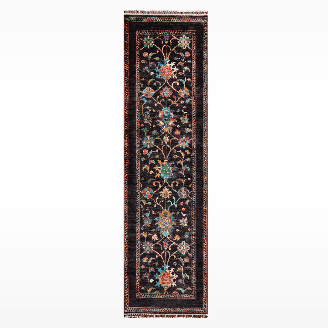 Sultani Binbirgece Yolluk Orijinal El Dokuması Siyah Kök Boya Yün Halı 0.84x237 1.99 Metrekare - 3x8 ft