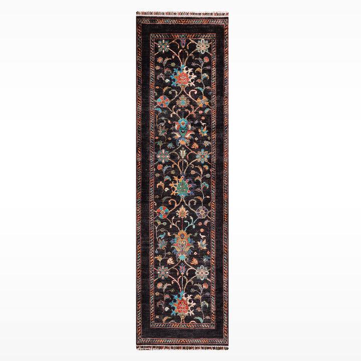 Sultani Binbirgece Yolluk Orijinal El Dokuması Siyah Kök Boya Yün Halı 0.84x237 1.99 Metrekare - 3x8 ft