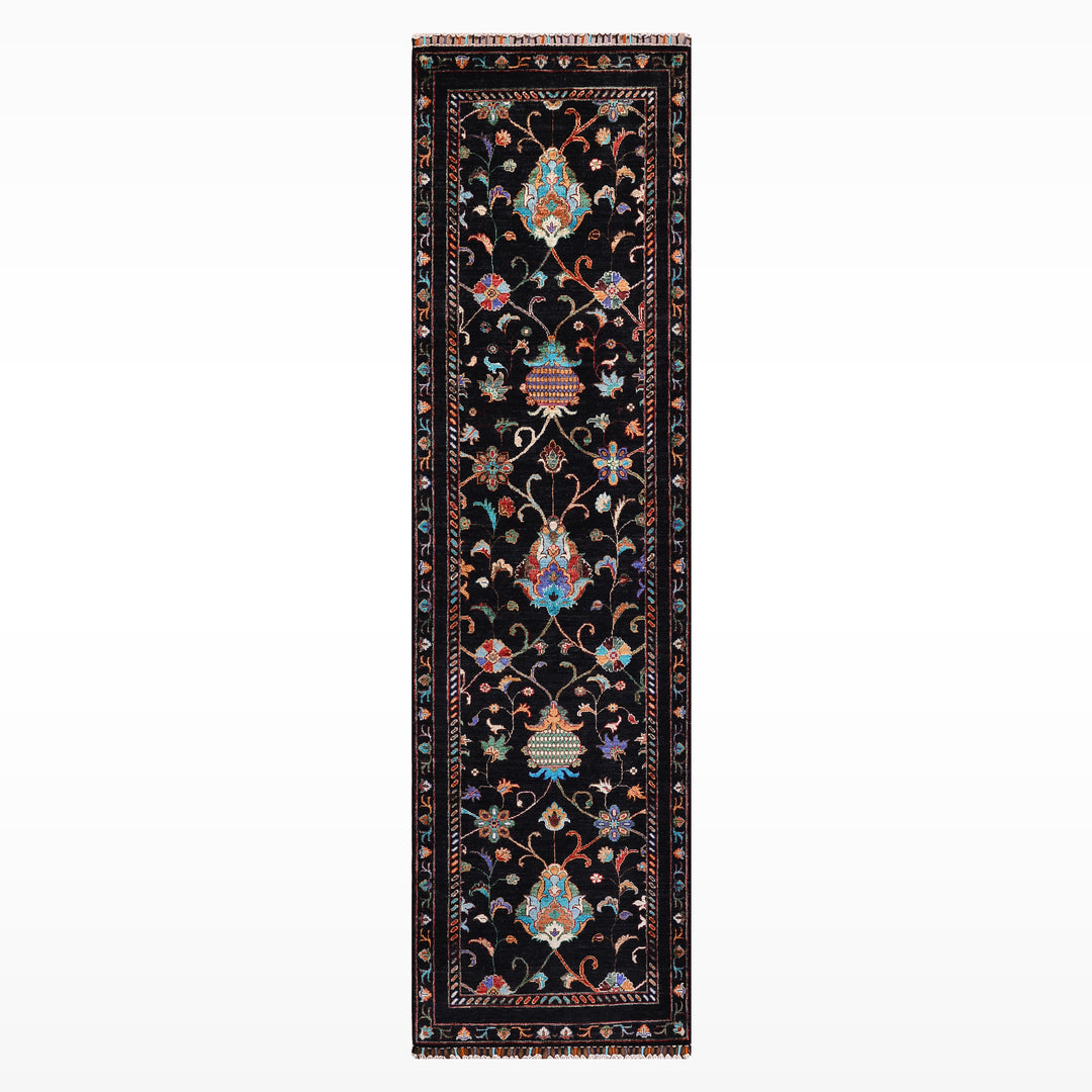 Sultani Binbirgece Yolluk Orijinal El Dokuması Siyah Kök Boya Yün Halı 0.79x251 1.98 Metrekare - 3x8 ft