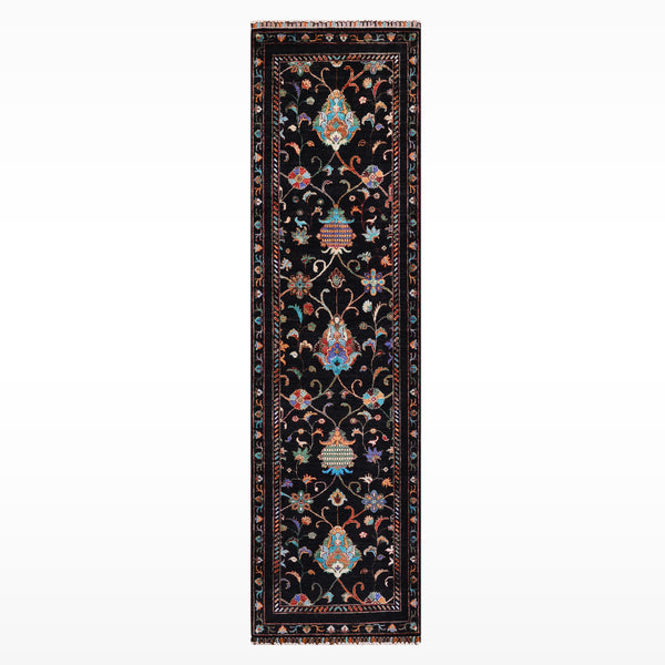 Sultani Binbirgece Yolluk Orijinal El Dokuması Siyah Kök Boya Yün Halı 0.79x251 1.98 Metrekare - 3x8 ft