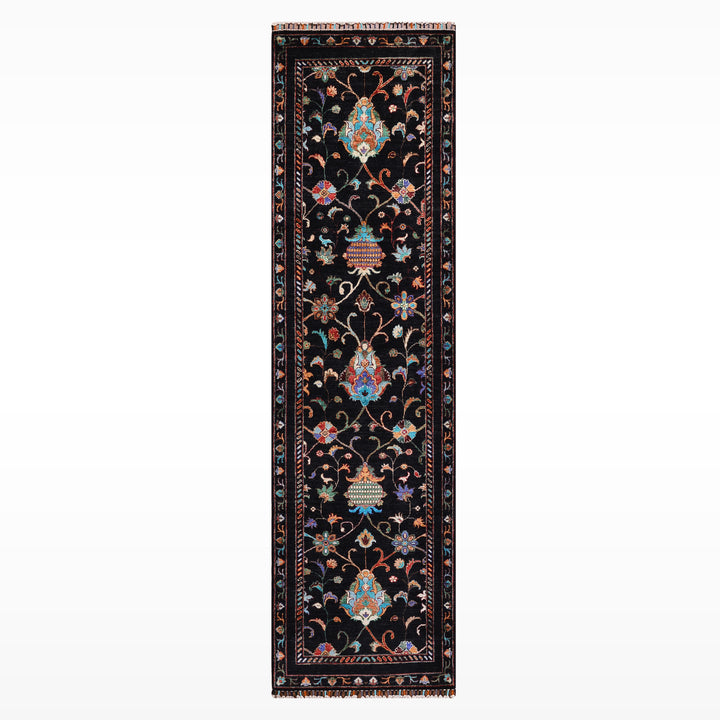 Sultani Binbirgece Yolluk Orijinal El Dokuması Siyah Kök Boya Yün Halı 0.79x251 1.98 Metrekare - 3x8 ft