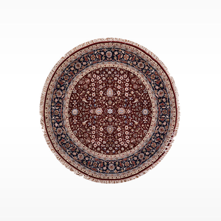 Hereke Yedi Dağın Çiçeği Yuvarlak Orijinal El Dokuması Kırmızı Mavi Yün Halı 148x148 2.19 Metrekare - 5x5 ft