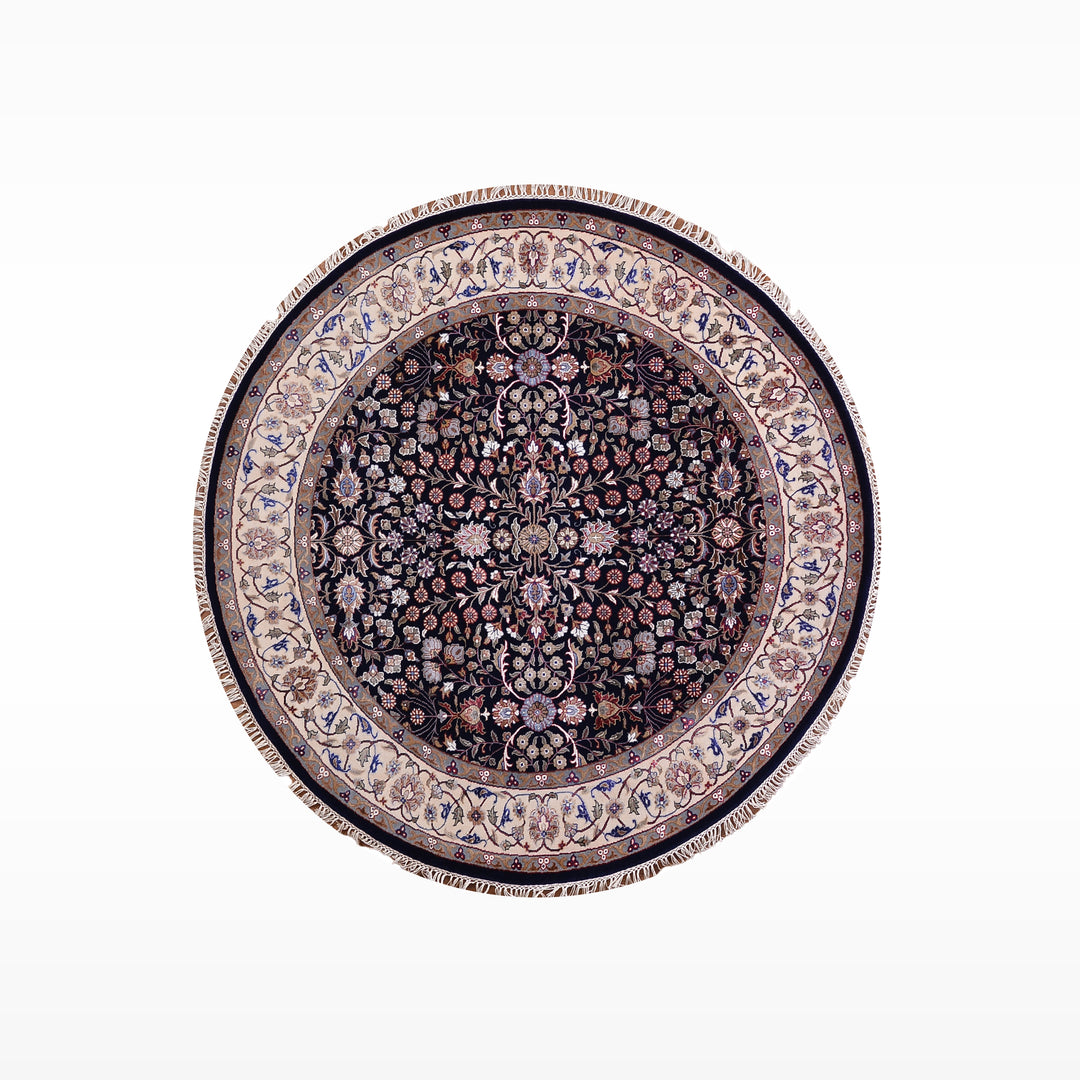Hereke Yedi Dağın Çiçeği Yuvarlak Orijinal El Dokuması Mavi Krem Yün Halı 155x155 2.40 Metrekare - 5x5 ft