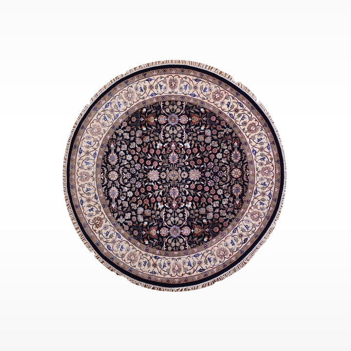 Hereke Yedi Dağın Çiçeği Yuvarlak Orijinal El Dokuması Mavi Krem Yün Halı 155x155 2.40 Metrekare - 5x5 ft