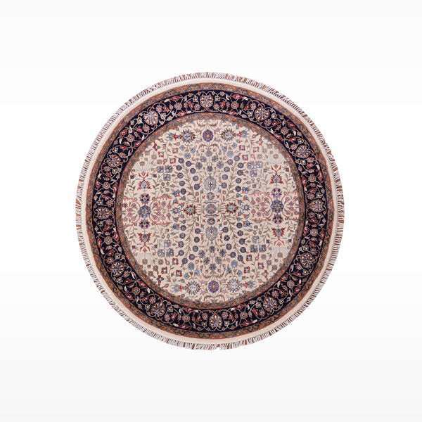 Hereke Yedi Dağın Çiçeği Yuvarlak Orijinal El Dokuması Mavi Krem Yün Halı 152x152 2.31 Metrekare - 5x5 ft