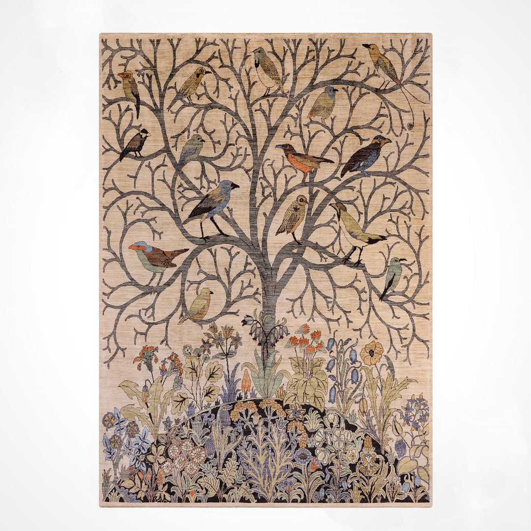 Kuşlu Ağaç Orijinal El Dokuması Krem Kök Boya Yün Halı 245x298 7.30 Metrekare - 7x10 ft