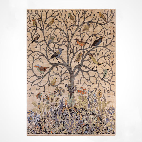 Kuşlu Ağaç Orijinal El Dokuması Krem Kök Boya Yün Halı 245x298 7.30 Metrekare - 7x10 ft