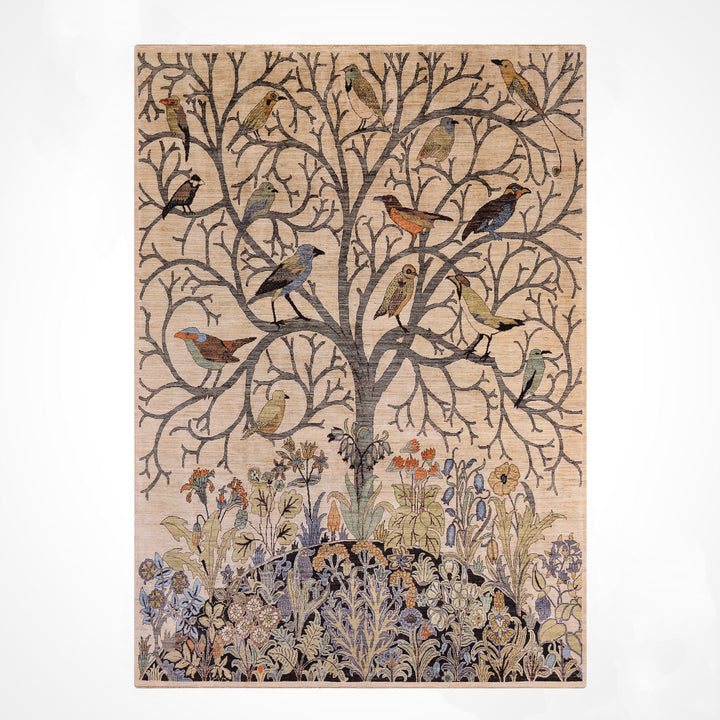 Kuşlu Ağaç Orijinal El Dokuması Krem Kök Boya Yün Halı 245x298 7.30 Metrekare - 7x10 ft