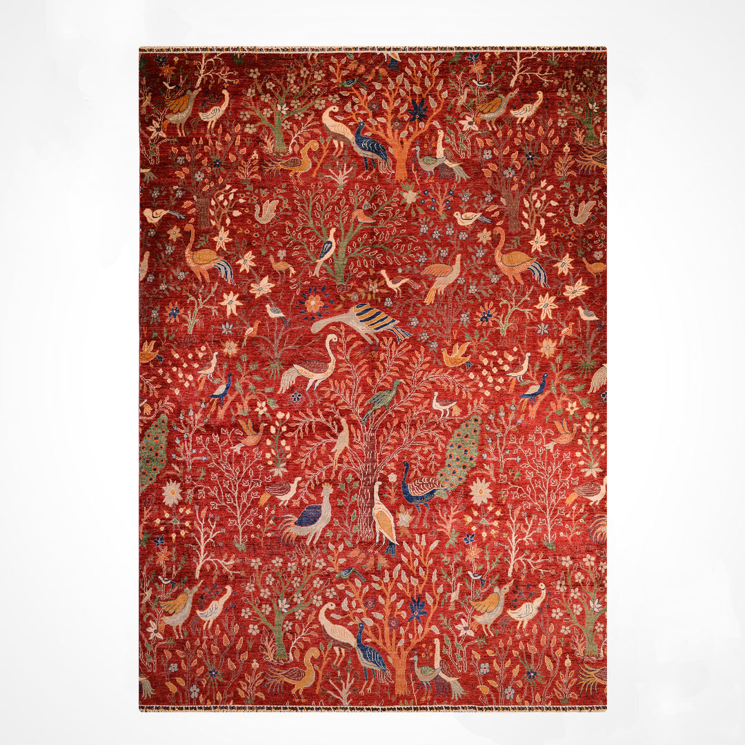 Kuş Orijinal El Dokuması Kırmızı Kök Boya Yün Halı 270x359 9.69 Metrekare - 9x12 ft