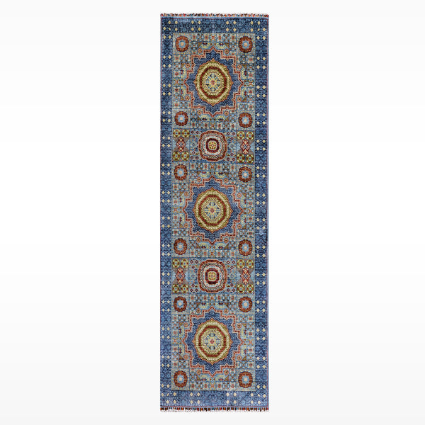 Memlük Orijinal El Dokuması Yolluk Mavi Kök Boya Yün Halı 0.86x255 2.19 Metrekare - 3x8 ft