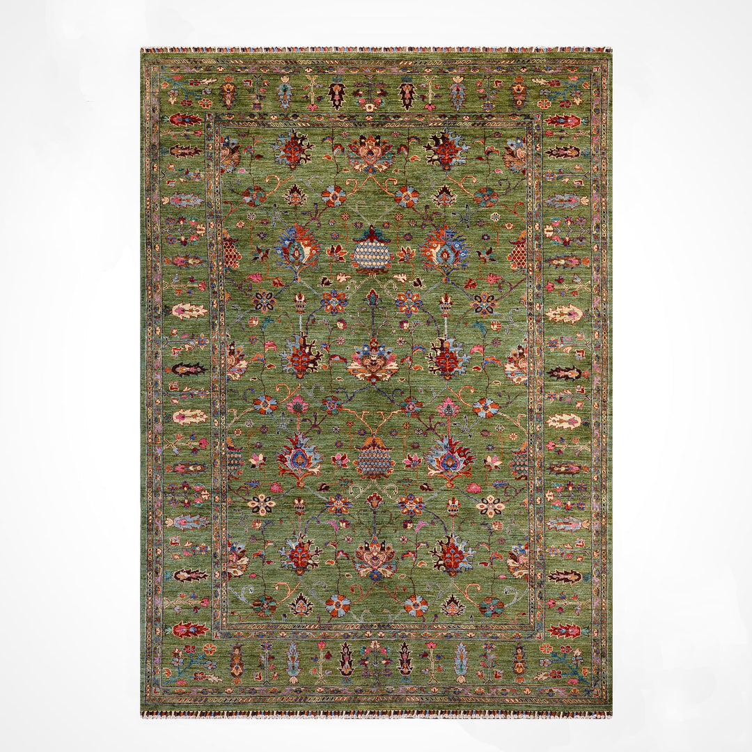 Sultani Binbirgece Orijinal El Dokuması Yeşil Kök Boya Yün Halı 206x308 6.34 Metrekare - 7x10 ft
