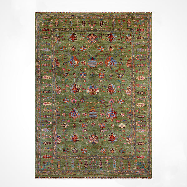 Sultani Binbirgece Orijinal El Dokuması Yeşil Kök Boya Yün Halı 206x308 6.34 Metrekare - 7x10 ft