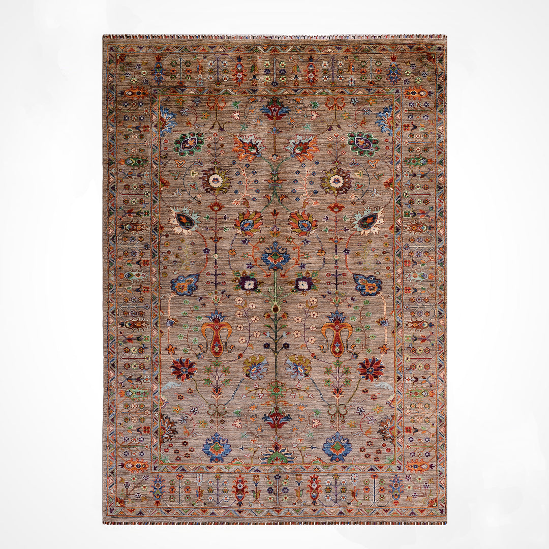 Sultani Çiçekli Orijinal El Dokuması Bej Kök Boya Yün Halı 202x306 6.18 Metrekare - 7x10 ft