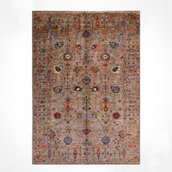 Sultani Çiçekli Orijinal El Dokuması Bej Kök Boya Yün Halı 202x306 6.18 Metrekare - 7x10 ft