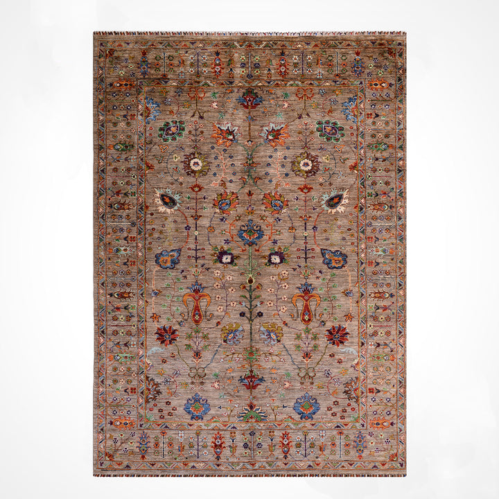 Sultani Çiçekli Orijinal El Dokuması Bej Kök Boya Yün Halı 202x306 6.18 Metrekare - 7x10 ft