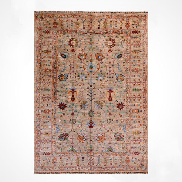 Sultani Çiçekli Orijinal El Dokuması Bej Kök Boya Yün Halı 195x294 5.73 Metrekare - 7x10 ft