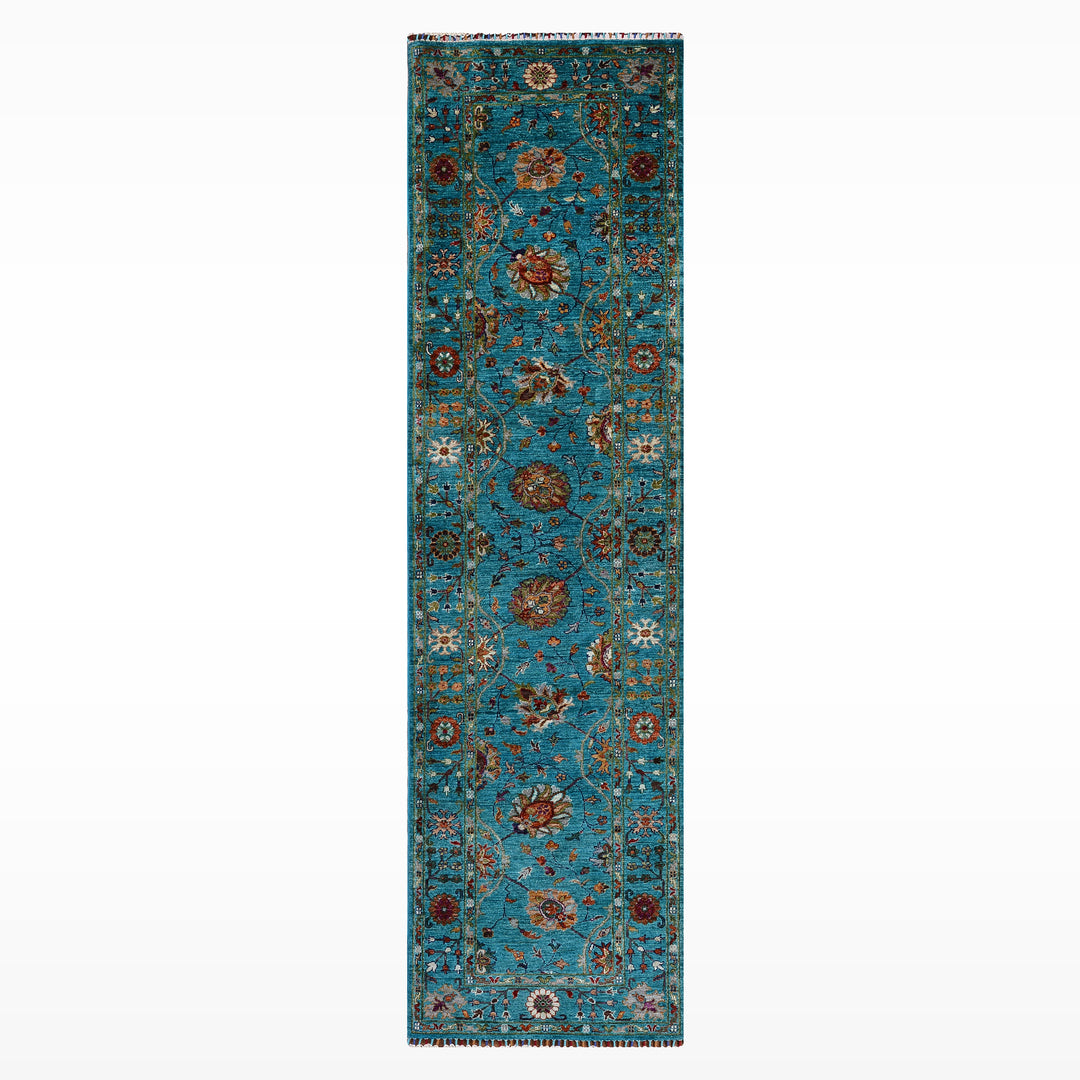 Sultani Çiçekli Yolluk Orijinal El Dokuması Turkuaz Kök Boya Yün Halı 0.82x304 2.49 Metrekare - 3x10 ft