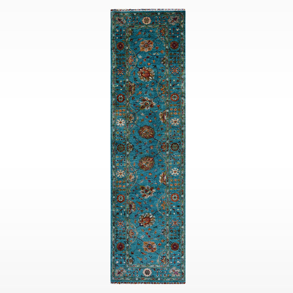 Sultani Çiçekli Yolluk Orijinal El Dokuması Turkuaz Kök Boya Yün Halı 0.82x304 2.49 Metrekare - 3x10 ft