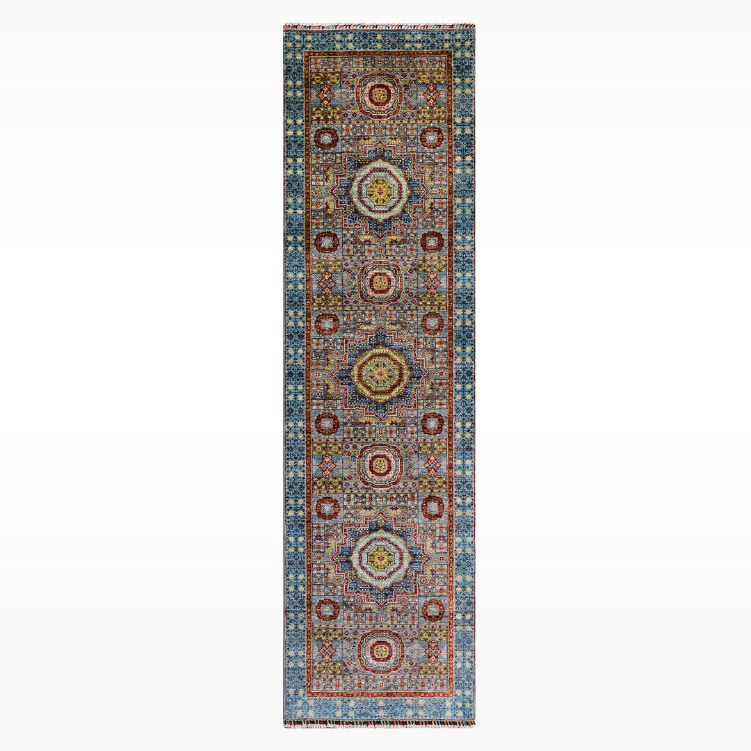 Memlük Orijinal El Dokuması Yolluk Turkuaz Kök Boya Yün Halı 0.83x298 2.47 Metrekare - 3x10 ft