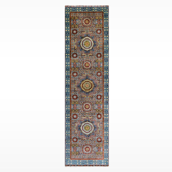 Memlük Orijinal El Dokuması Yolluk Turkuaz Kök Boya Yün Halı 0.83x298 2.47 Metrekare - 3x10 ft