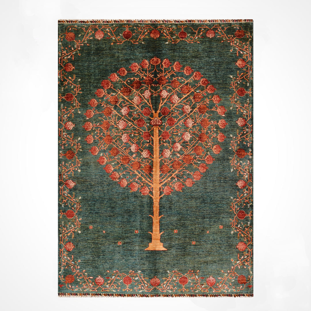 Nar Ağacı Orijinal El Dokuması Yeşil Kök Boya Yün Halı 171x242 4.14 Metrekare - 5x8 ft