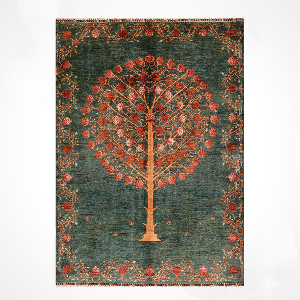 Nar Ağacı Orijinal El Dokuması Yeşil Kök Boya Yün Halı 171x242 4.14 Metrekare - 5x8 ft