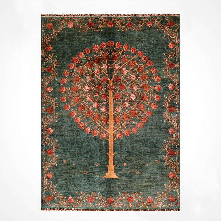 Nar Ağacı Orijinal El Dokuması Yeşil Kök Boya Yün Halı 171x242 4.14 Metrekare - 5x8 ft