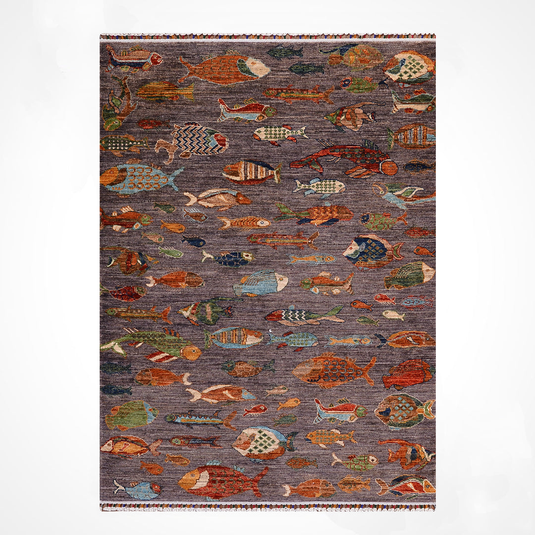 Balık Orijinal El Dokuması Antrasit Kök Boya Yün Halı 121x187 2.26 Metrekare - 4x6 ft