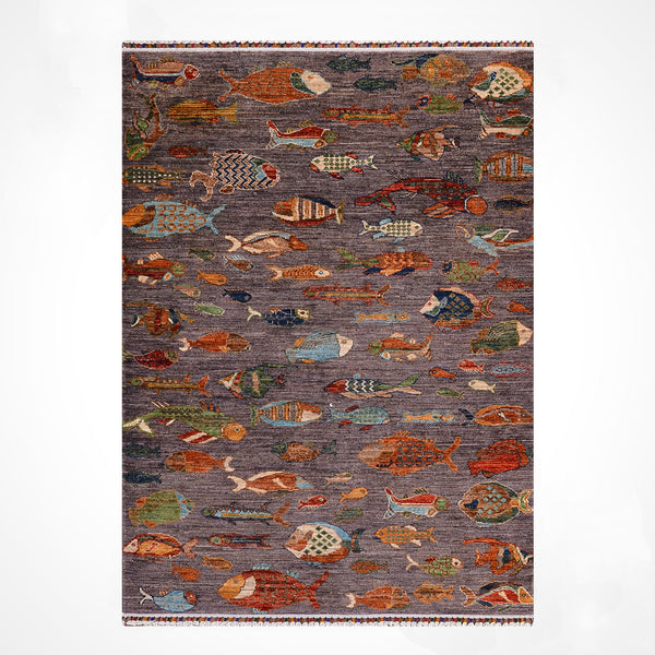 Balık Orijinal El Dokuması Antrasit Kök Boya Yün Halı 121x187 2.26 Metrekare - 4x6 ft