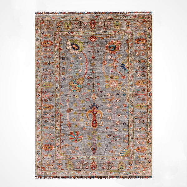 Sultani Çiçekli Orijinal El Dokuması Gri Kök Boya Yün Halı 104x151 1.57 Metrekare - 3x5 ft