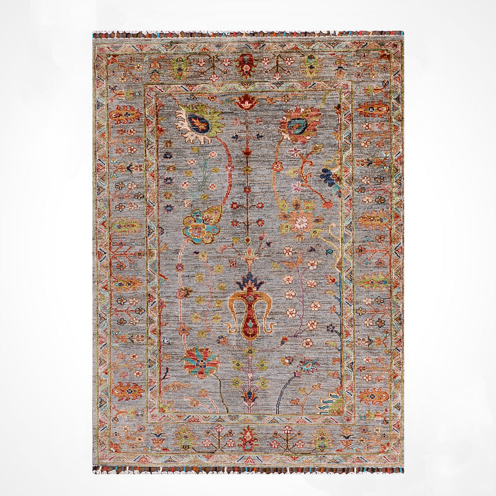 Sultani Çiçekli Orijinal El Dokuması Gri Kök Boya Yün Halı 104x151 1.57 Metrekare - 3x5 ft