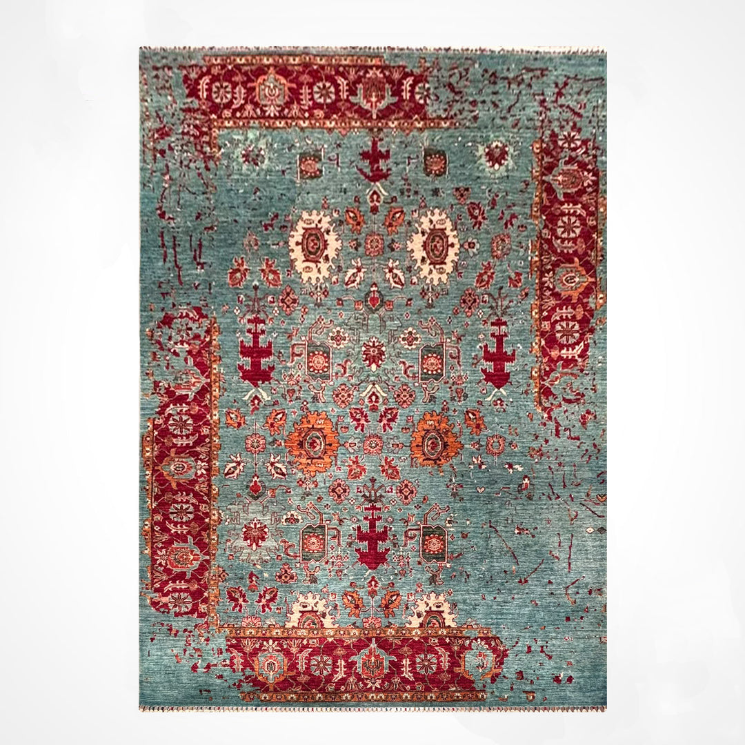 Kırık Memlük Orijinal El Dokuması Turkuaz Kök Boya Yün Halı 203x318 6.46 Metrekare - 7x10 ft