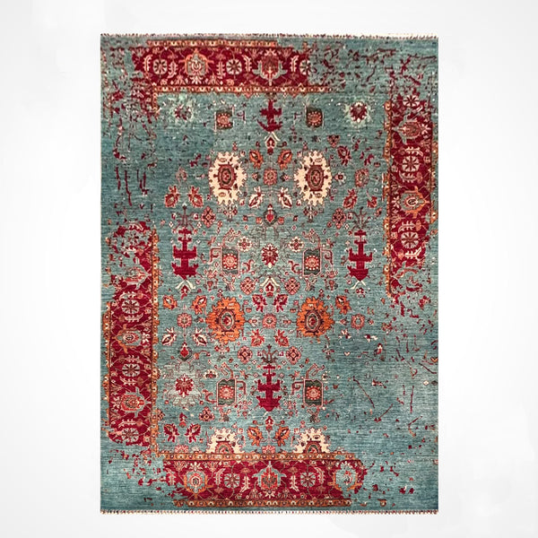 Kırık Memlük Orijinal El Dokuması Turkuaz Kök Boya Yün Halı 203x318 6.46 Metrekare - 7x10 ft