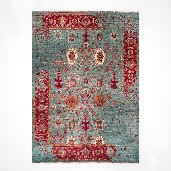 Kırık Memlük Orijinal El Dokuması Turkuaz Kök Boya Yün Halı 203x318 6.46 Metrekare - 7x10 ft