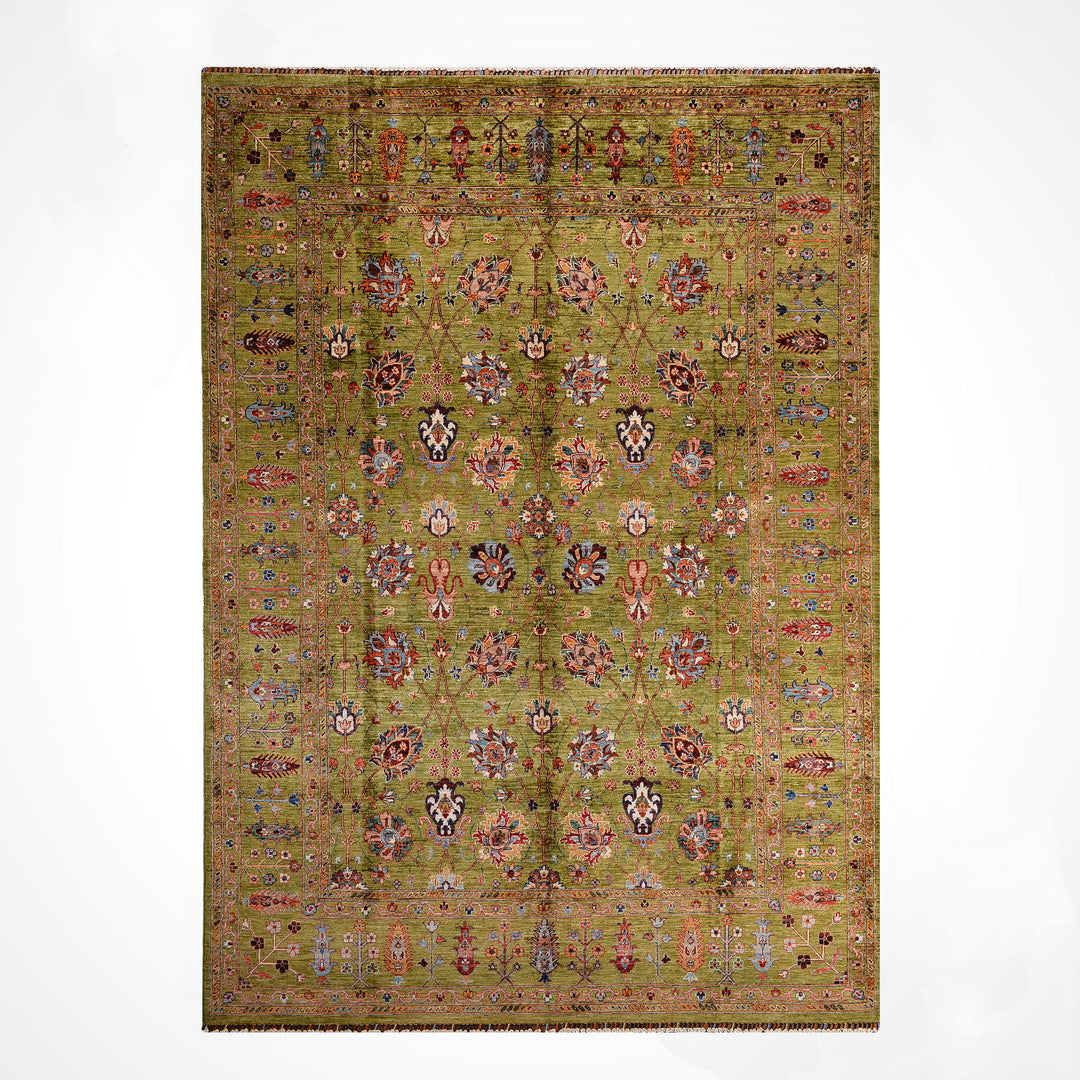 Sultani Binbirgece Orijinal El Dokuması Yeşil Kök Boya Yün Halı 246x350 8.61 Metrekare - 8x12 ft