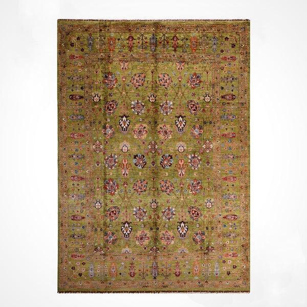 Sultani Binbirgece Orijinal El Dokuması Yeşil Kök Boya Yün Halı 246x350 8.61 Metrekare - 8x12 ft