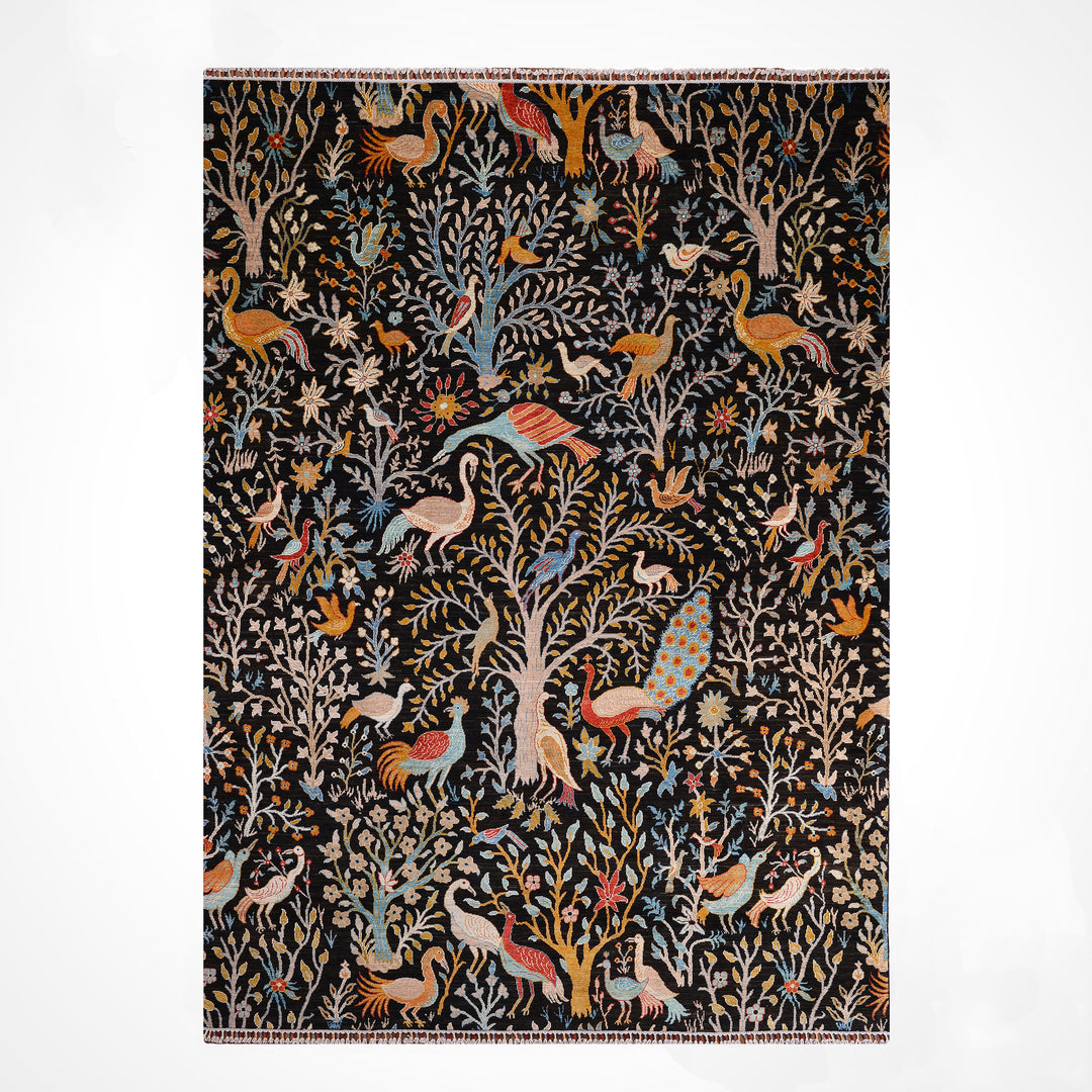 Kuş Orijinal El Dokuması Siyah Kök Boya Yün Halı 241x301 7.25 Metrekare - 8x10 ft