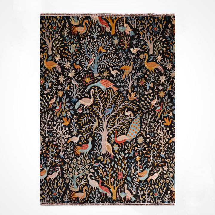Kuş Orijinal El Dokuması Siyah Kök Boya Yün Halı 241x301 7.25 Metrekare - 8x10 ft