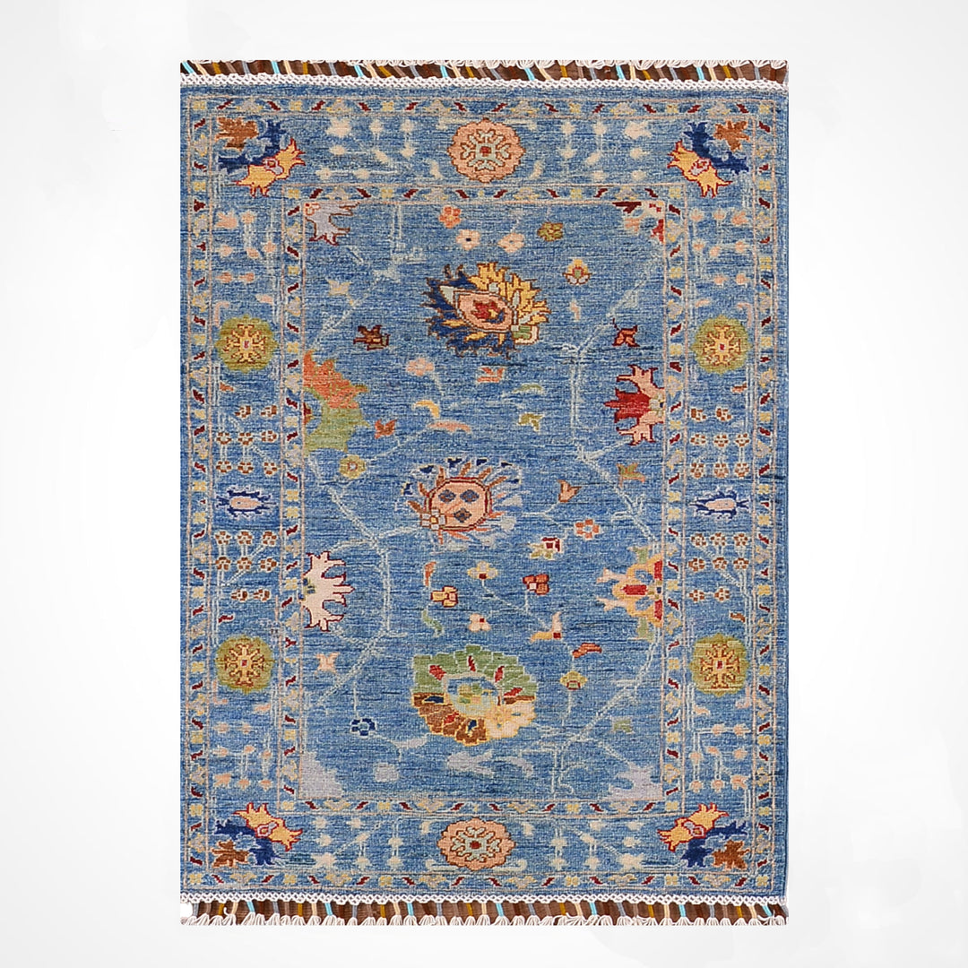 Sultani Çiçekli Orijinal El Dokuması Mavi Kök Boya Yün Halı 0.79x115 0.91 Metrekare - 3x4 ft