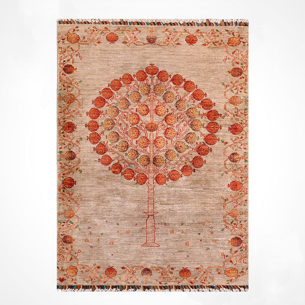 Nar Ağacı Orijinal El Dokuması Bej Kök Boya Yün Halı 104x153 1.59 Metrekare - 3x5 ft